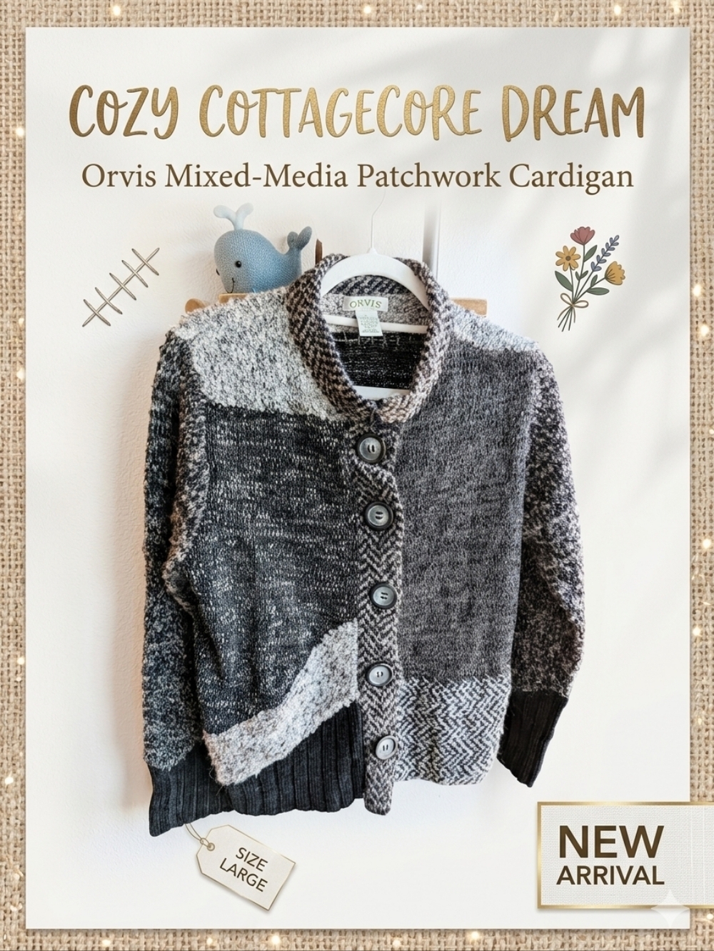 Orvis Patchwork Mixed Media Cardigan Sweater Gray Black Herringbone Large